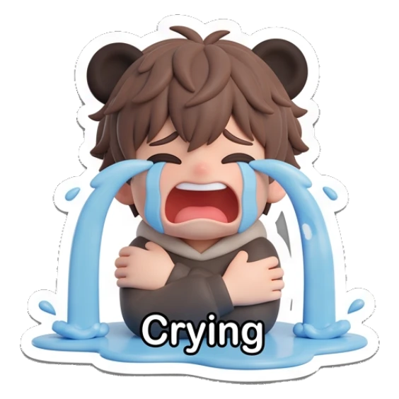 Sad boy with bear ears crying with text Crying. Brown Bear Boy Daily sticker for expressive chats and social replies.