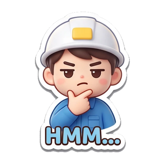 Construction girl thinking with hand on chin saying HMM Yewab Construction Crew sticker for expressive chats and social replies.