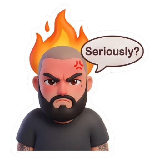 Bearded man looking angry with fire on head, text Seriously Bearded Guy Daily Moods sticker for expressive chats and social replies.
