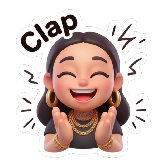 Girl clapping hands happily, text Clap. Chic Urban Girl Vibes sticker for expressive chats and social replies.