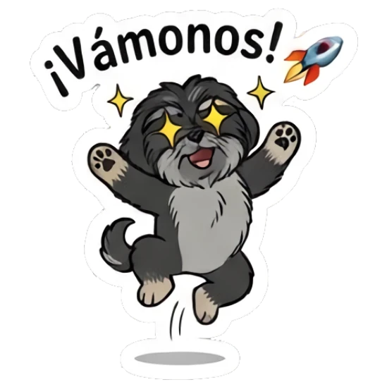 Shih Tzu jumping excitedly with a rocket icon and text Vámonos Little Shih Tzu Moods sticker for expressive chats and social replies.