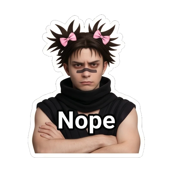 Serious young man with crossed arms and text Nope Spiky Hair Boy Reactions sticker for expressive chats and social replies.