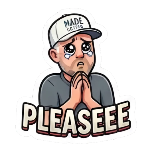 Man with pleading eyes and hands together with text PLEASEEE Coffee Shop Guy Daily Vibes sticker for expressive chats and social replies.