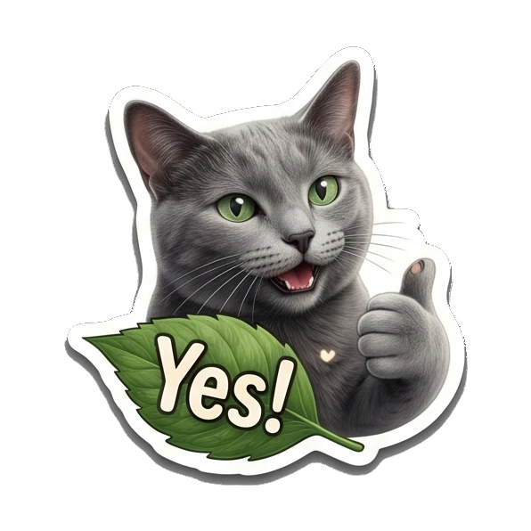 Happy gray cat giving a thumbs up on a leaf, text Yes! Gray Cat Daily Vibes sticker for expressive chats and social replies.