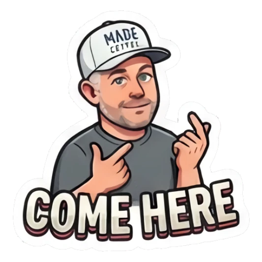 Man beckoning with a come here gesture and text COME HERE Coffee Shop Guy Daily Vibes sticker for expressive chats and social replies.