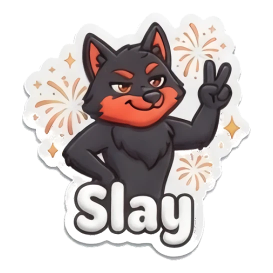 Confident wolf posing with peace sign saying Slay Puffy Wolf Moods sticker for expressive chats and social replies.