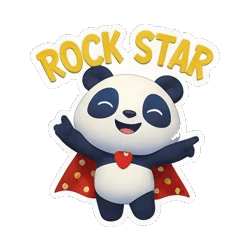 Panda wearing a red cape posing as a hero with ROCK STAR text Rocking Panda Band sticker for expressive chats and social replies.
