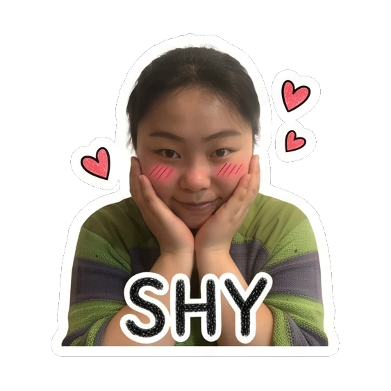 Young woman blushing with hands on cheeks saying 'SHY' Cheerful Daily Expressions sticker for expressive chats and social replies.