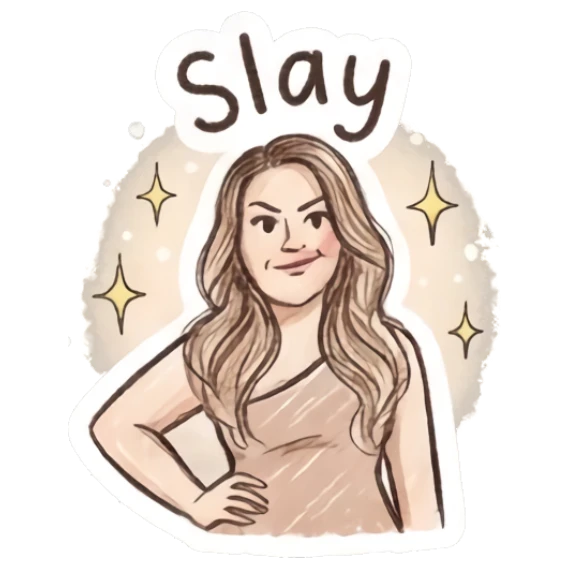 Girl posing confidently with hands on hips, text Slay Charming Doodle Girl Expressions sticker for expressive chats and social replies.