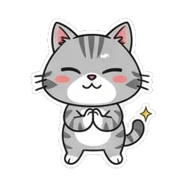 Gray tabby cat with hands together in prayer Cheerful Gray Tabby Adventures sticker for expressive chats and social replies.