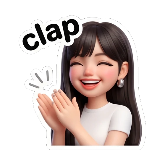 Happy girl clapping hands with 'clap' text Cute 3D Girl Expressions sticker for expressive chats and social replies.