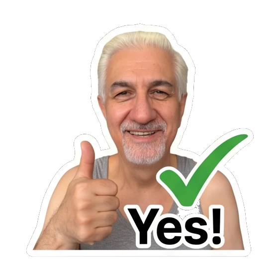 Man giving a thumbs up with a green checkmark and 'Yes!' text. Silver Fox Daily Vibes sticker for expressive chats and social replies.