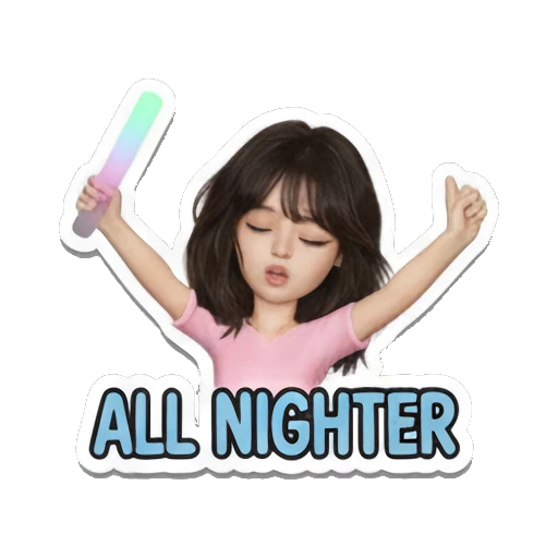 Girl holding a glow stick, dancing, text 'ALL NIGHTER' Music Festival Girl sticker for expressive chats and social replies.