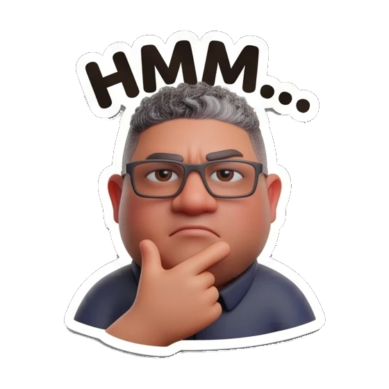 Man with glasses thinking with hand on chin with text HMM... Office Guy Expressions sticker for expressive chats and social replies.