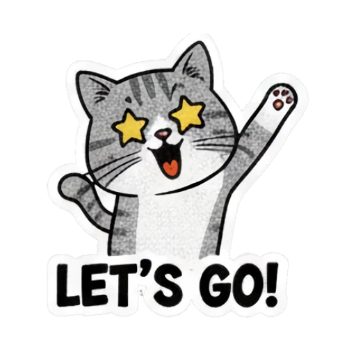 Grey cat cheering with star eyes and raised paw with text LET'S GO! Grumpy Grey Cat Daily Moods sticker for expressive chats and social replies.