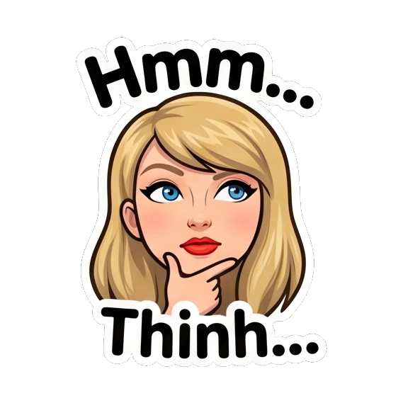 Blonde girl thinking with hand on chin with text Hmm Blonde Pop Icon Expressions sticker for expressive chats and social replies.