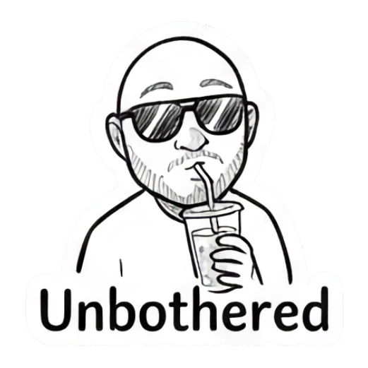 Bald man wearing sunglasses and drinking with a straw, Unbothered. Bald Guy Daily Vibes sticker for expressive chats and social replies.