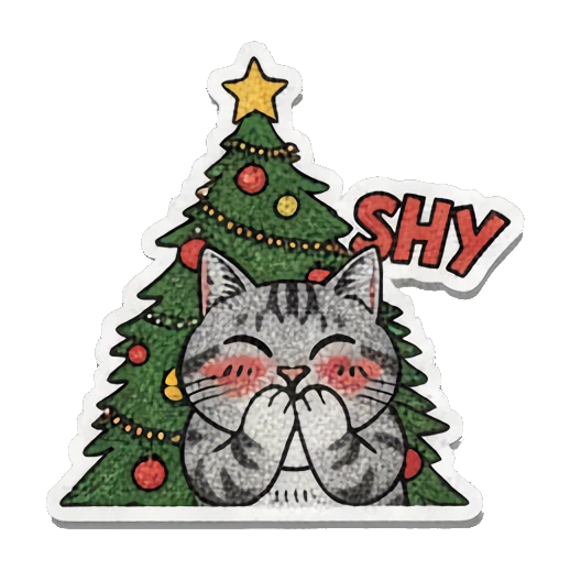 shy cat hiding behind christmas tree Retro Grumpy Cat Vibes sticker for expressive chats and social replies.