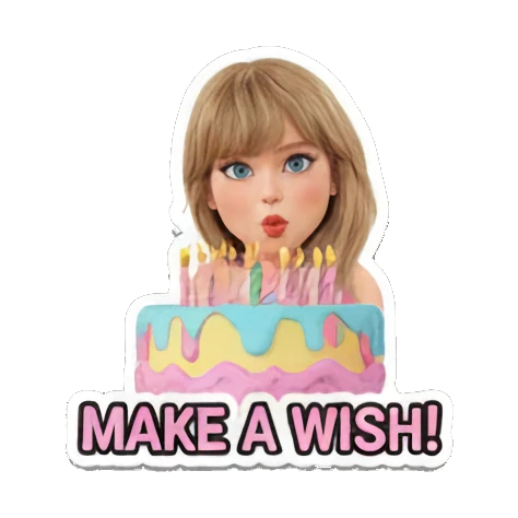 Blonde girl blowing out candles on a cake with 'MAKE A WISH!' text. Pop Star Party Vibes sticker for expressive chats and social replies.