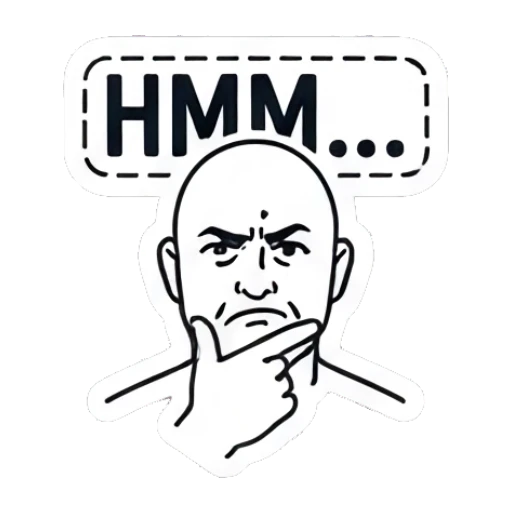 Bald man thinking with chin on hand and 'HMM...' text Bald Guy Daily Vibes sticker for expressive chats and social replies.