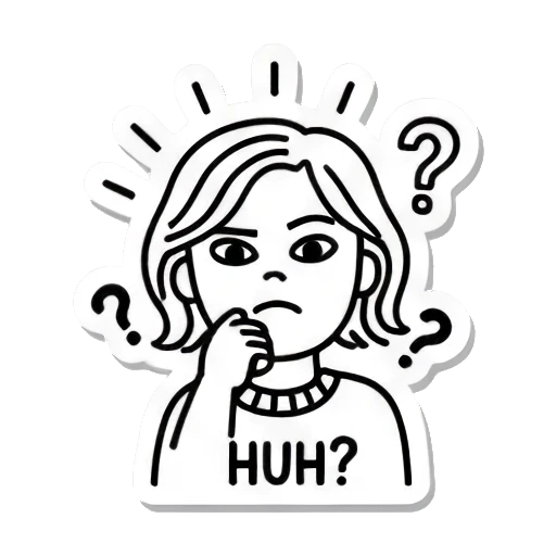 困惑女孩，文字HUH Line Art Emotion Stickers sticker for expressive chats and social replies.