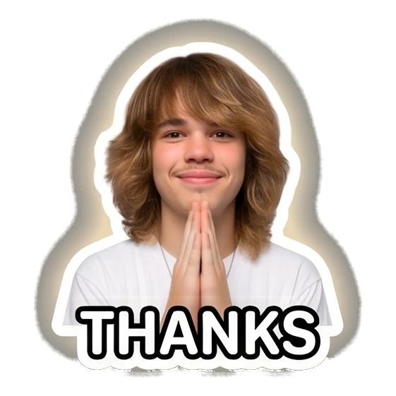 Teen boy with hands in prayer position, text THANKS Teen Boy Daily Vibes sticker for expressive chats and social replies.