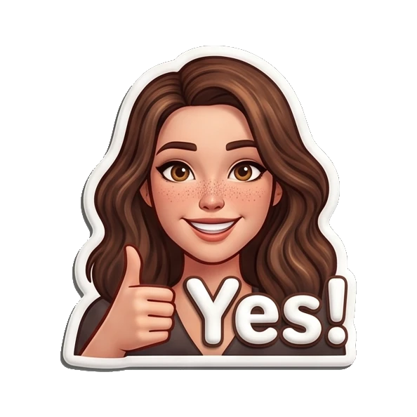Pleading girl with hands together saying Pleaseee. Playful Brunette Expressions sticker for expressive chats and social replies.