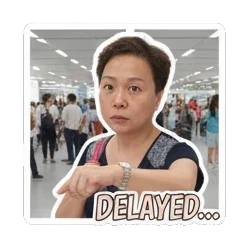 Waiting, 'DELAYED...' Travel Adventures sticker for expressive chats and social replies.