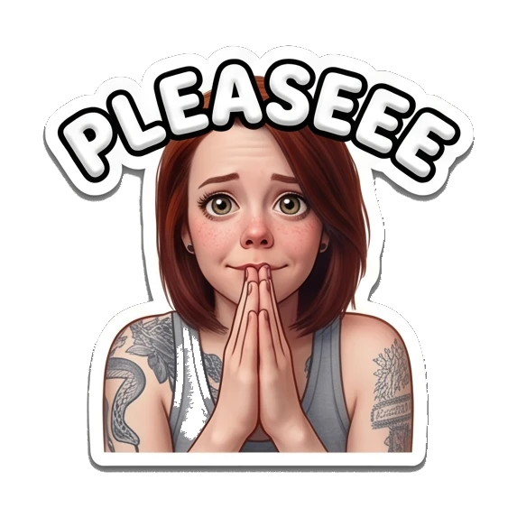 Pleading girl with hands together and 'PLEASEEE' text Red-Haired Girl Daily Vibes sticker for expressive chats and social replies.