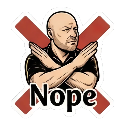 Bald man crossing arms in a rejection gesture, text says Nope. Bald Guy Daily Vibes sticker for expressive chats and social replies.