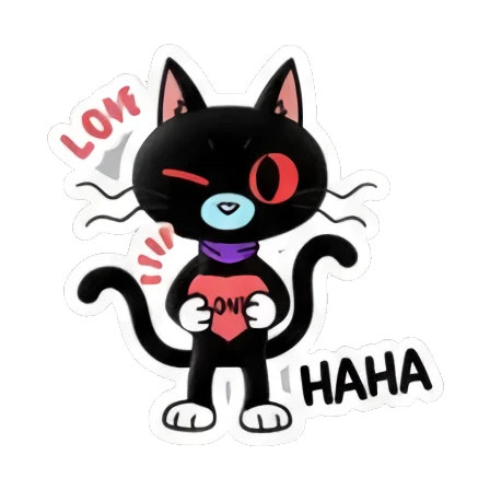 Black cat holding a heart with love and haha text. Cool Black Cat Daily sticker for expressive chats and social replies.