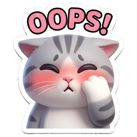 Embarrassed tabby cat blushing with hand on cheek and text OOPS! Cheerful Tabby Cat Daily sticker for expressive chats and social replies.