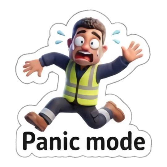 Worker running in a panic with wide eyes. Busy Worker Life sticker for expressive chats and social replies.