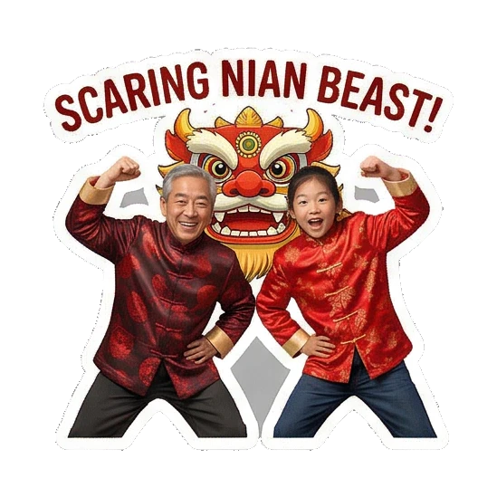 Scaring the Nian beast Grandpa and Granddaughter CNY Moments sticker for expressive chats and social replies.