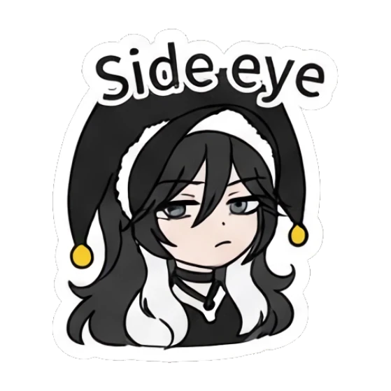 Jester girl giving a side eye with 'Side eye' text Jester Girl Daily Moods sticker for expressive chats and social replies.