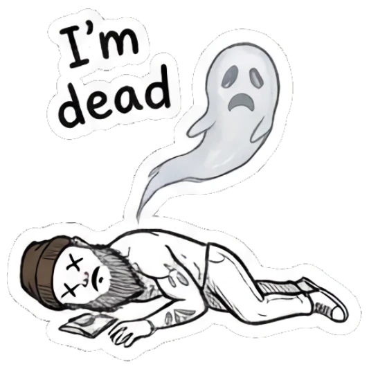 Bearded man lying on the ground with a ghost floating above Bearded Guy Moods sticker for expressive chats and social replies.