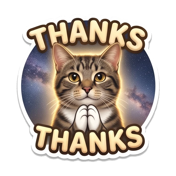 Tabby cat with paws together in prayer, text says THANKS. Cosmic Tabby Adventures sticker for expressive chats and social replies.