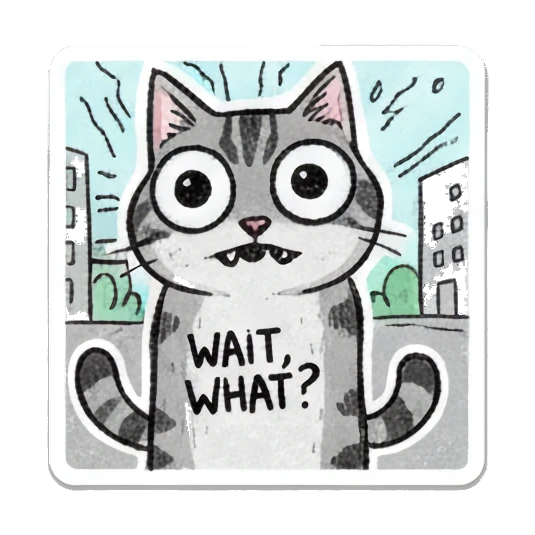 Tabby cat looking confused and wide-eyed with text WAIT WHAT. Doodle Tabby Cat Daily sticker for expressive chats and social replies.