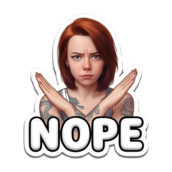 Disapproving girl crossing arms with 'NOPE' text Red-Haired Girl Daily Vibes sticker for expressive chats and social replies.