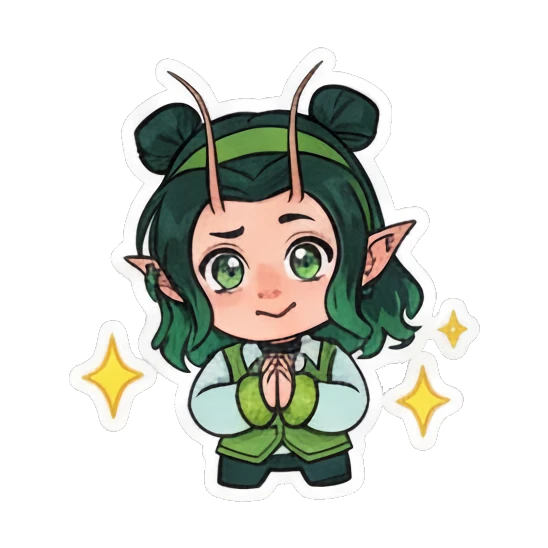Mantis girl with hands together in a gentle greeting Green Mantis Girl Adventures sticker for expressive chats and social replies.