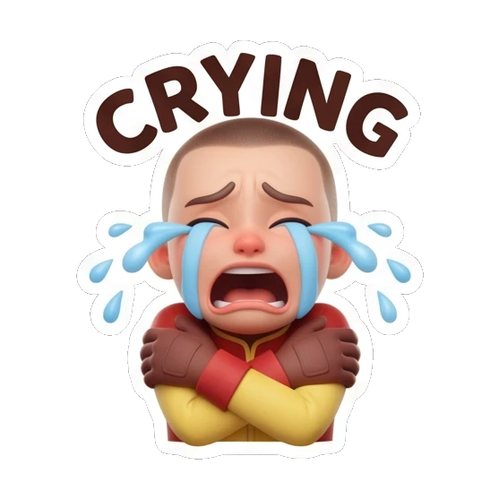 Pilot boy crying with arms crossed, sad expression. Cool Pilot Adventures sticker for expressive chats and social replies.