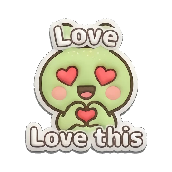 Loving green bunny with heart eyes and 'Love this' text. Puffy Green Bunny Adventures sticker for expressive chats and social replies.