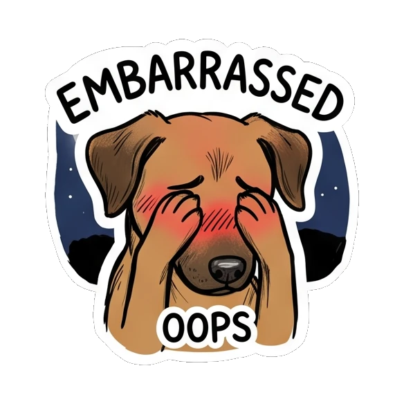 Brown dog looking embarrassed with paws covering its blushing face. Brown Dog Daily Moods sticker for expressive chats and social replies.