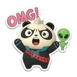 Panda looking shocked with alien friend and 'OMG!' text. Cosmic Panda Adventures sticker for expressive chats and social replies.