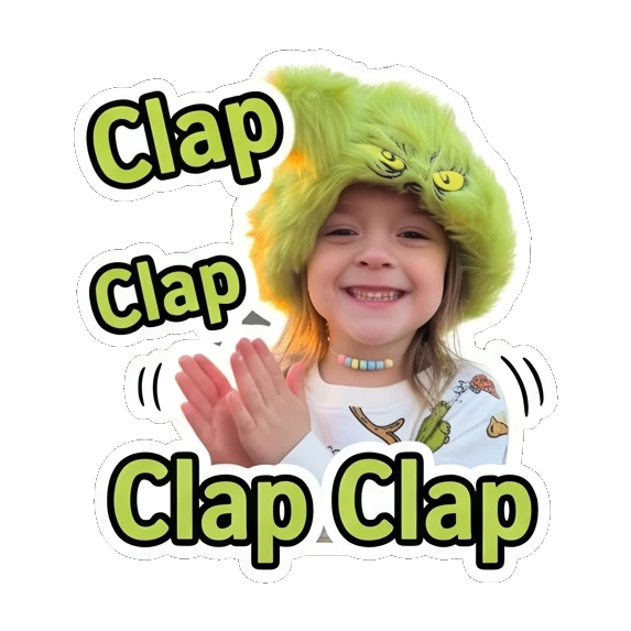 Child in green hat clapping hands with text Clap Clap Grinchy Kid Moods sticker for expressive chats and social replies.