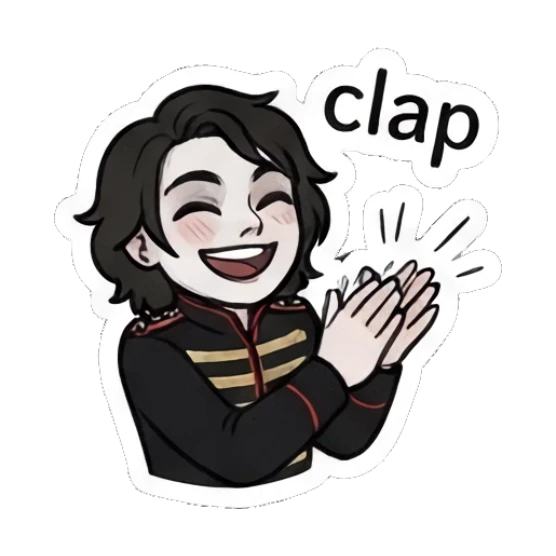 Rocker boy smiling and clapping hands, 'clap' text. Emo Rocker Daily Vibes sticker for expressive chats and social replies.