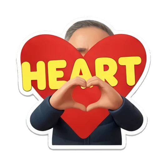 Man forming a heart shape with hands in front of a red heart saying 'HEART' Cheerful Middle-Aged Gentleman sticker for expressive chats and social replies.