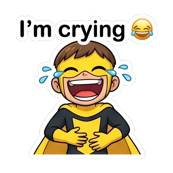 Superhero boy laughing hysterically with tears of joy. Yellow Hero Adventures sticker for expressive chats and social replies.