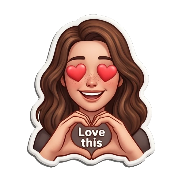 Loving girl making a heart shape with hands and heart eyes saying Love this. Playful Brunette Expressions sticker for expressive chats and social replies.