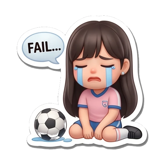 Girl crying on ground with FAIL text, sad expression Soccer Girl Daily Life sticker for expressive chats and social replies.